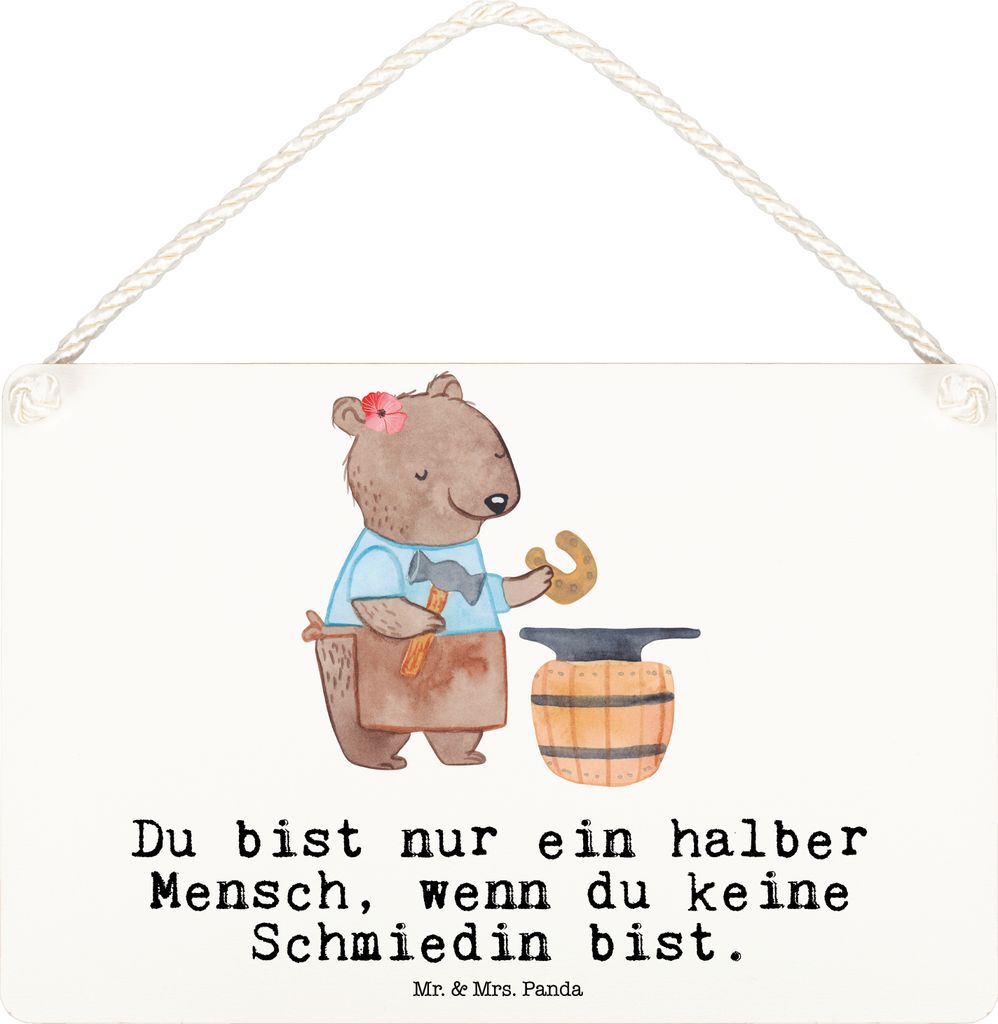Mr. & Mrs. Panda Schild Schmiedin Herz DIN A6 - Weiß - Geschenk, Türschild, Wandbild Holz, kleine aufmerksamkeit, Holzschild, wandtafel