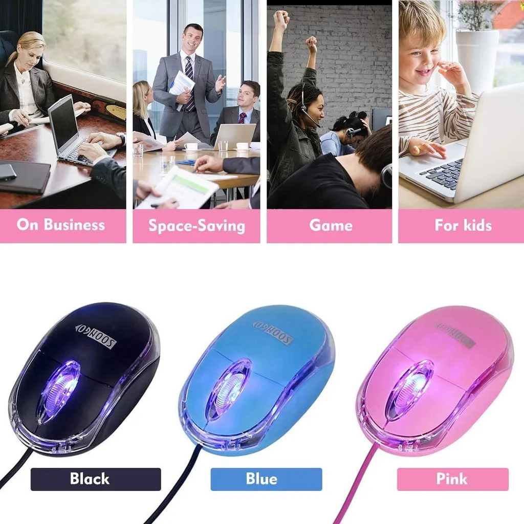 Soongo Mini Mouse Portatile Blu LED - USB Wired per Viaggi e Ufficio - 9