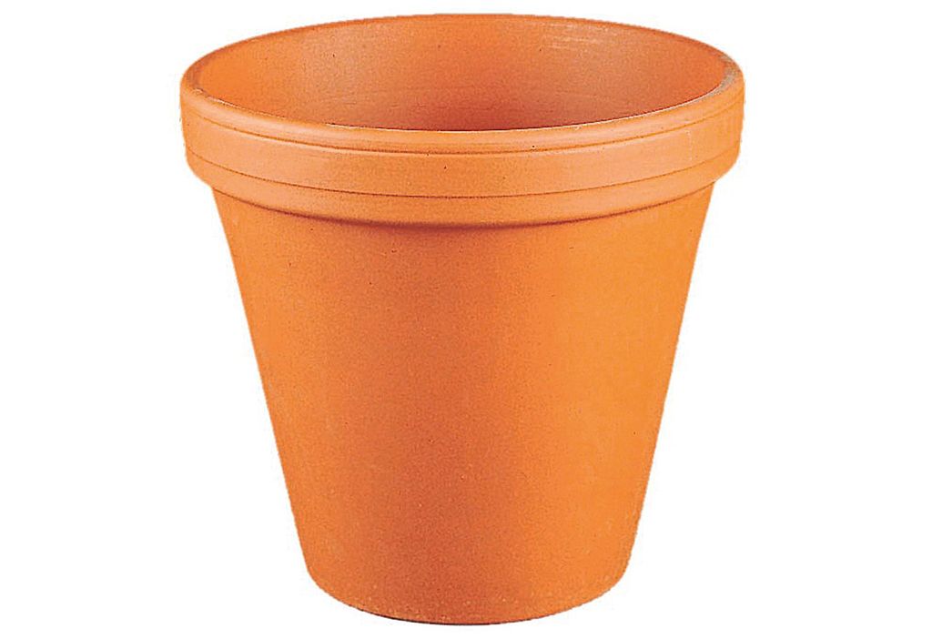 A single terracotta plant pot on a white background.