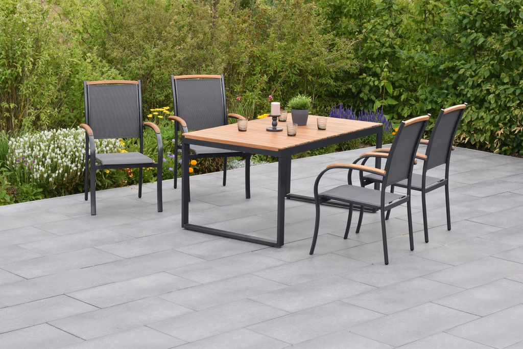 Merxx Gartenmöbelset "Siena" 5tlg. mit Ausziehtisch 150/200 x 90 cm - Aluminiumgestell Graphit mit Textilbespannung Grau und Akazienholz