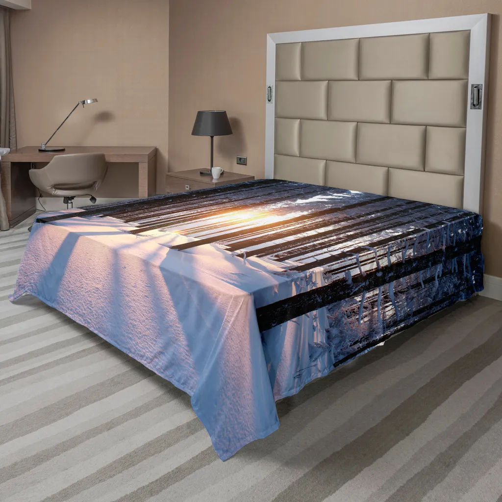 Drap plat d'hiver forêt mystique 266x260 cm en tissu doux marron et blanc