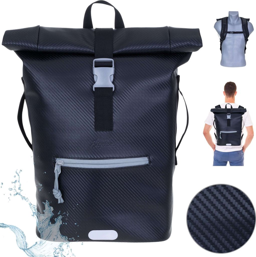 Rucksack Herren Plane Time Bag Evo 24 L Kurierrucksack Roll-Top A4 Freizeitrucksack Laptoprucksack wetterfest Elephant 13075 Carbon Schwarz Grau +f