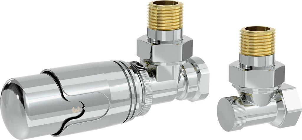 LuxeBath Thermostatventil + Rücklaufverschraubung Chrom, Heizkörperventil Komplett-Set, Thermostatkopf 1/2" Eckform, Heizungsventil