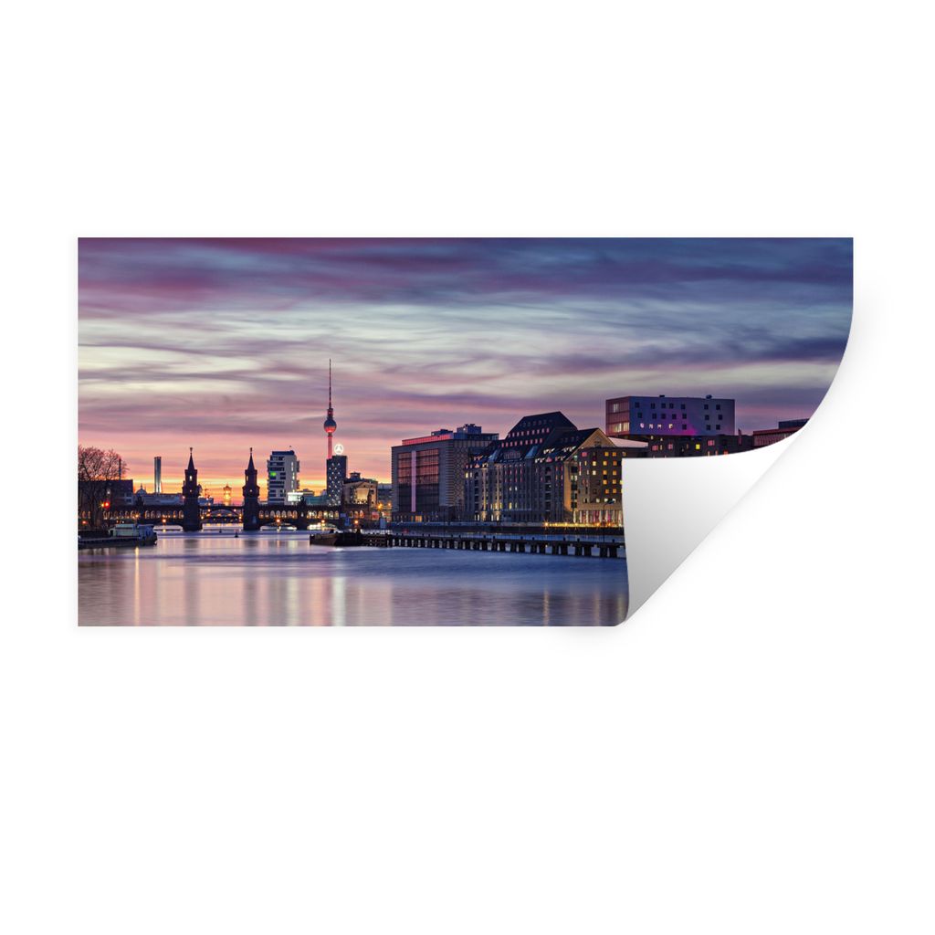 MuchoWow Wandtattoo Wandsticker Wandaufkleber Skyline - Lissabon - Sonnenuntergang 40x20 cm Selbstklebend und Repositionierbar - Aufkleber