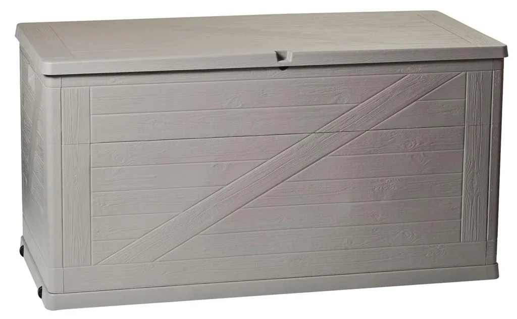 Malle de jardin Wood 120cm, coffre de stockage extérieur à roulettes