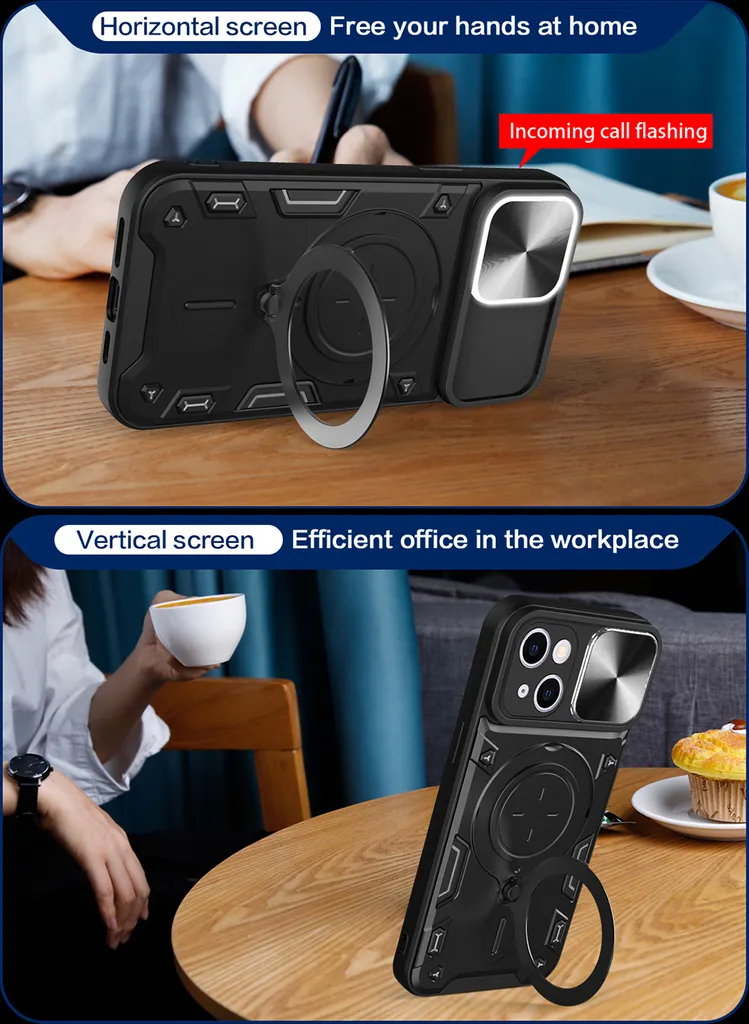 Custodia per iPhone 13 Custodia resistente a doppio strato con copertura della fotocamera e supporto ad anello rosso - 6