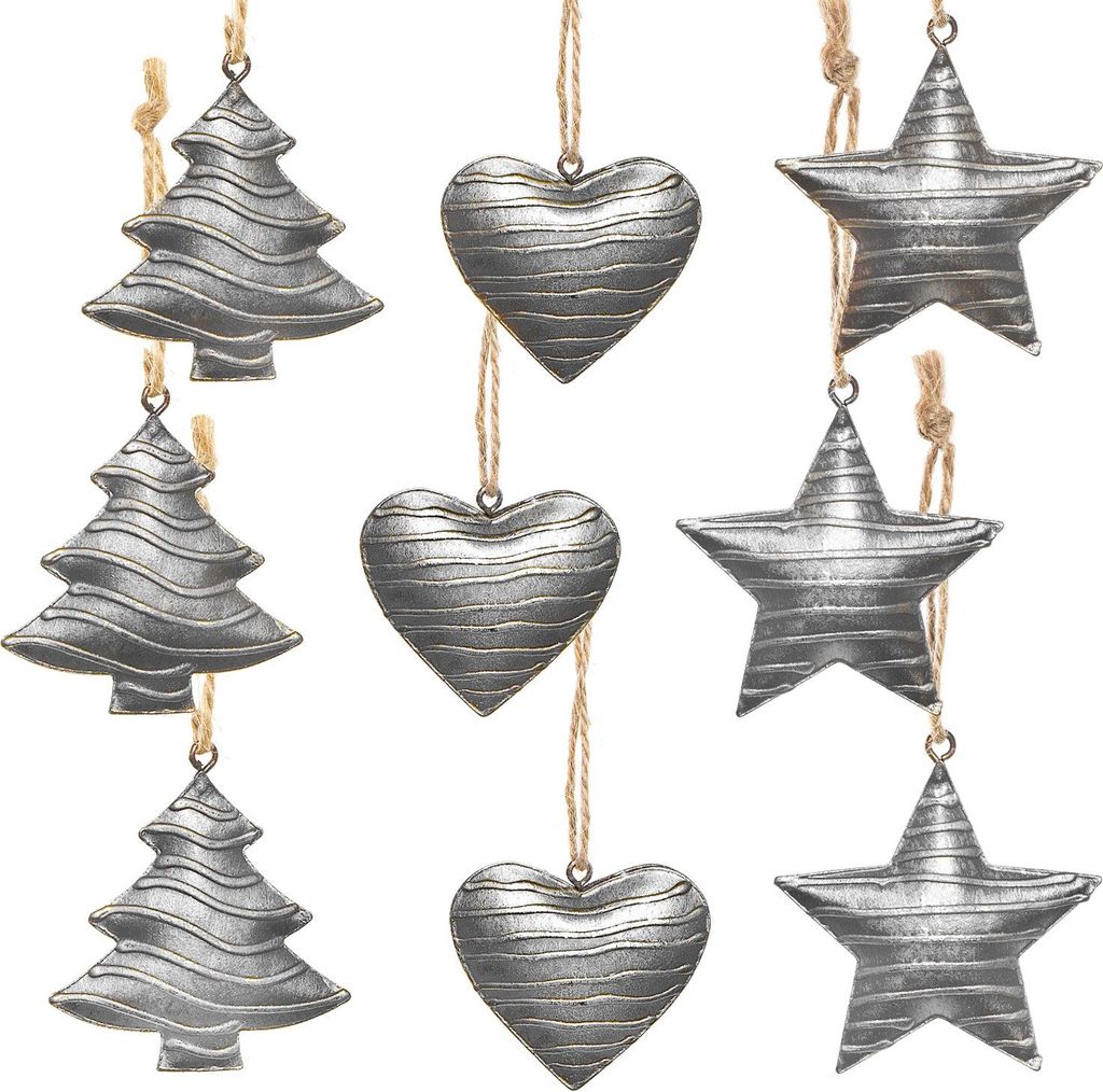 Weihnachtsanhänger Set 9 silberfarbene Anhänger Baum Stern Herz aus MetallDefault Title