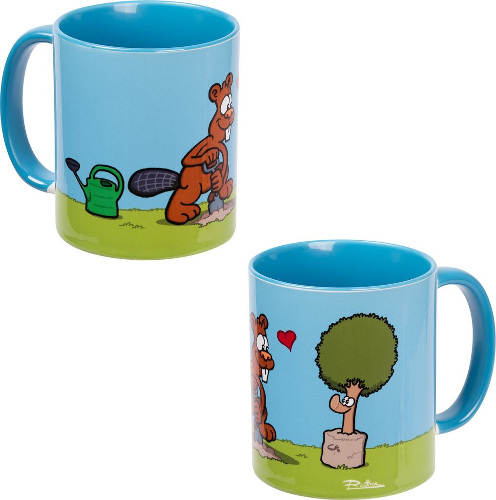 Ralph Ruthe Tasse - Biber & Baum Buddeltasse Kaffeetasse Becher aus Keramik Blau 320 ml