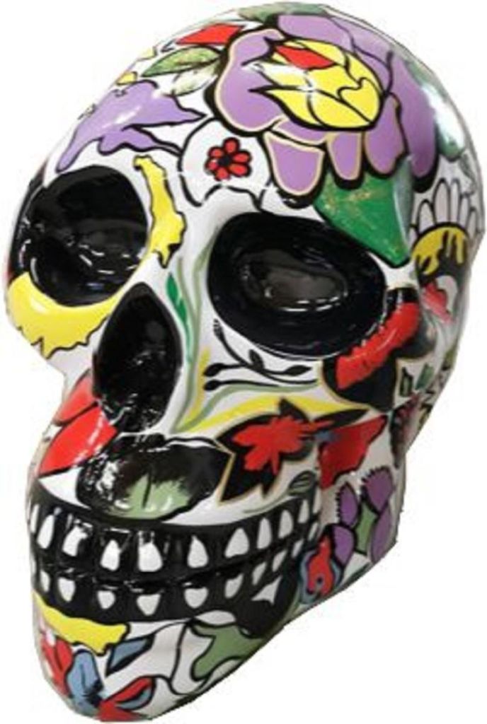 Casa Padrino Designer Deko Skulptur Totenkopf Mehrfarbig / Schwarz 44 x 58 x H. 66 cm - Wetterbeständige Dekofigur - Wohnzimmer Deko - Garten Deko