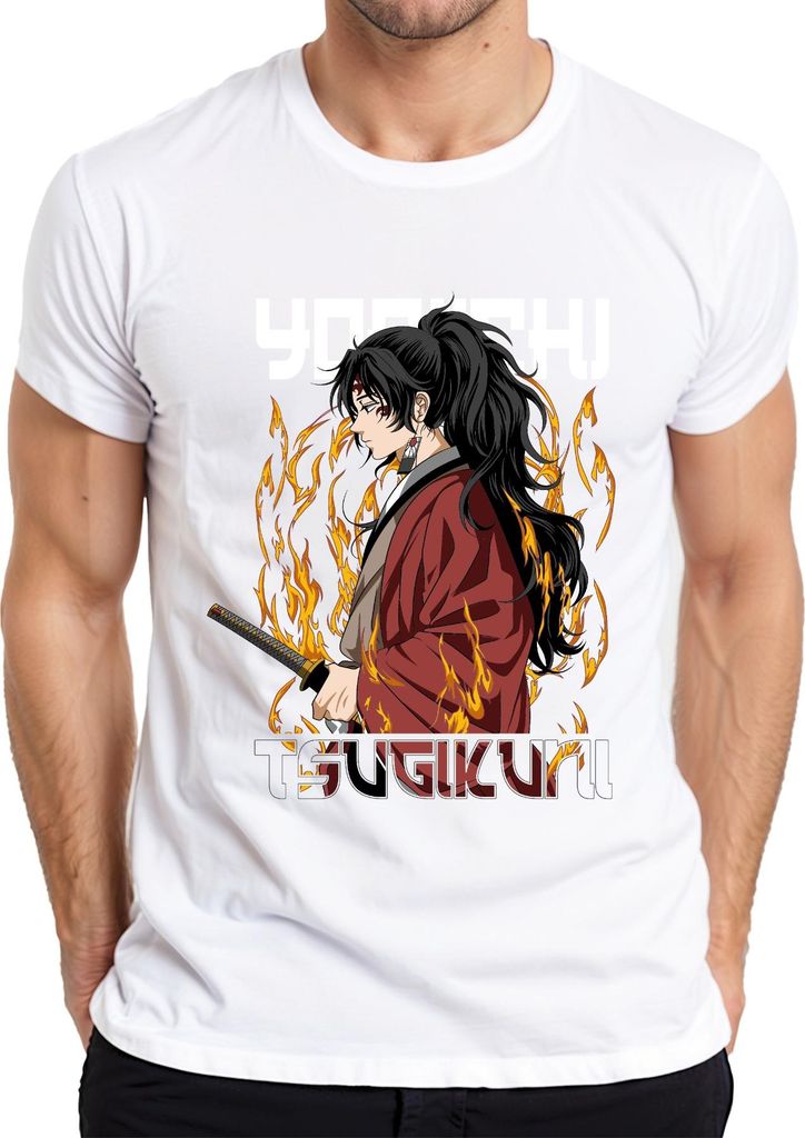 Samurai Katana Anime Flammen Kriegerin Pferdeschwanz Geschenk Herren T-Shirt, Weiß, L