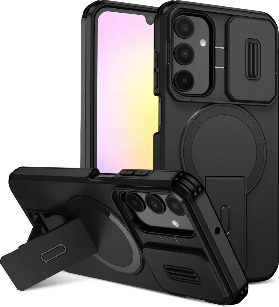 Custodia magnetica per Samsung Galaxy A25, custodia resistente a doppio strato con protezione fotocamera scorrevole e supporto regolabile Nero
