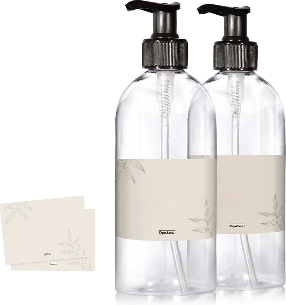 Oputec 2 x 500ml Seifenspender aus Kunststoff + Etiketten: Shampoo Flaschen zum Befüllen als Duschgel Spender, Pumpspender, Pumpflasche - Küche B...