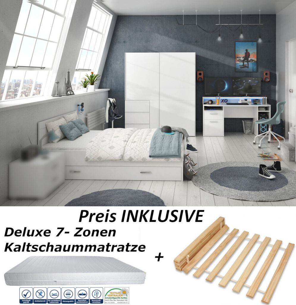 Jugendzimmer Gaming Zimmer Tezaur "Snow" von Forte 6 teilig mit großem Gaming Tisch, Lattenrost, Matratze