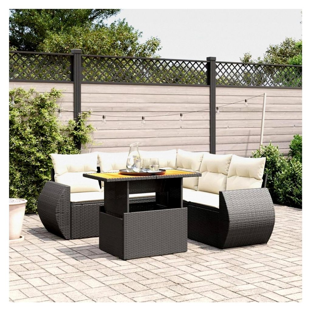 6-teiliges Garten-Sofagarnitur mit Kissen Schwarz Poly Rattan, Lounge Gartenmöbel Set, Balkonmöbel, Gartenlounge, Gartensofa