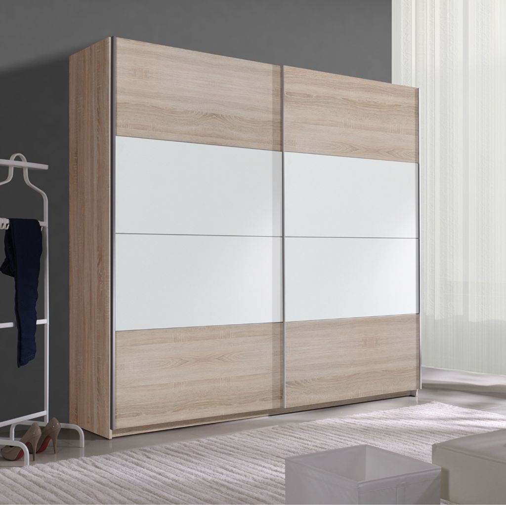 Kleiderschrank mit Schwebetüren BIRMINGHAM-83 in Sonoma Eiche Nb. mit weiß B/H/T: ca. 221/210/61 cm