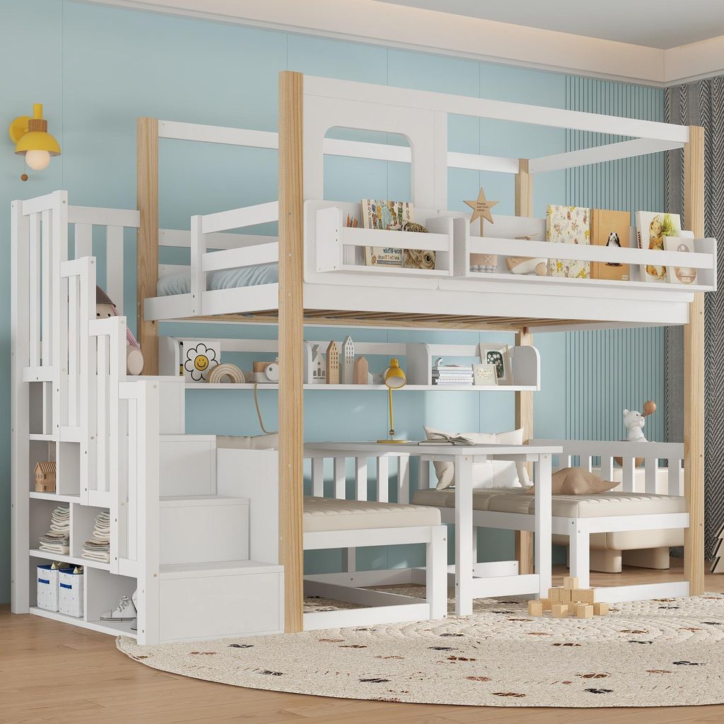 MODFU Doppelbett Funktionsbett 90x200 mit Aufbewahrungstreppe Etagenbett Kinderbett mit Multifunktionaler höhenverstellbarem Tisch und Bücherrega...