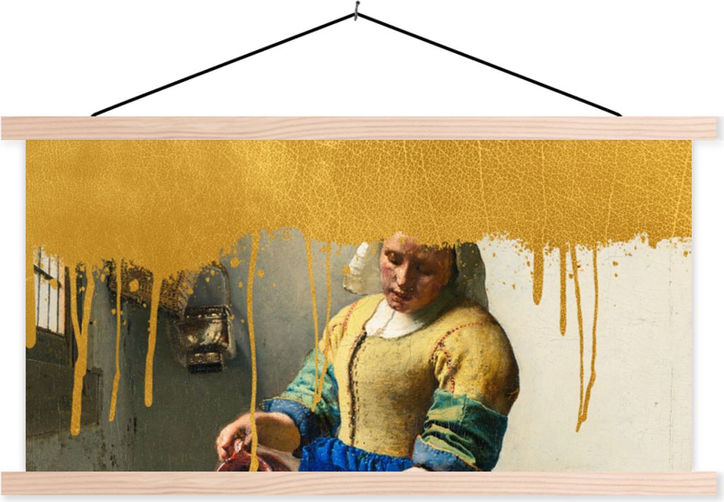 MuchoWow Textilposter Milchmädchen - Gold - Vermeer 60x30 cm mit holzfarbenen Rahmen - Dekoration