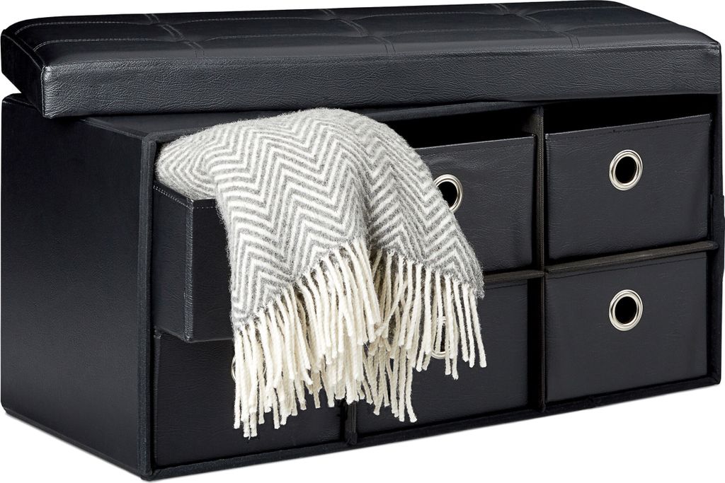 Relaxdays Sitzbank faltbar, Stauraum in 6 Schubfächern, HBT: 38x 76x 38 cm, Sitztruhe aus Kunstleder, Ottomane, schwarz
