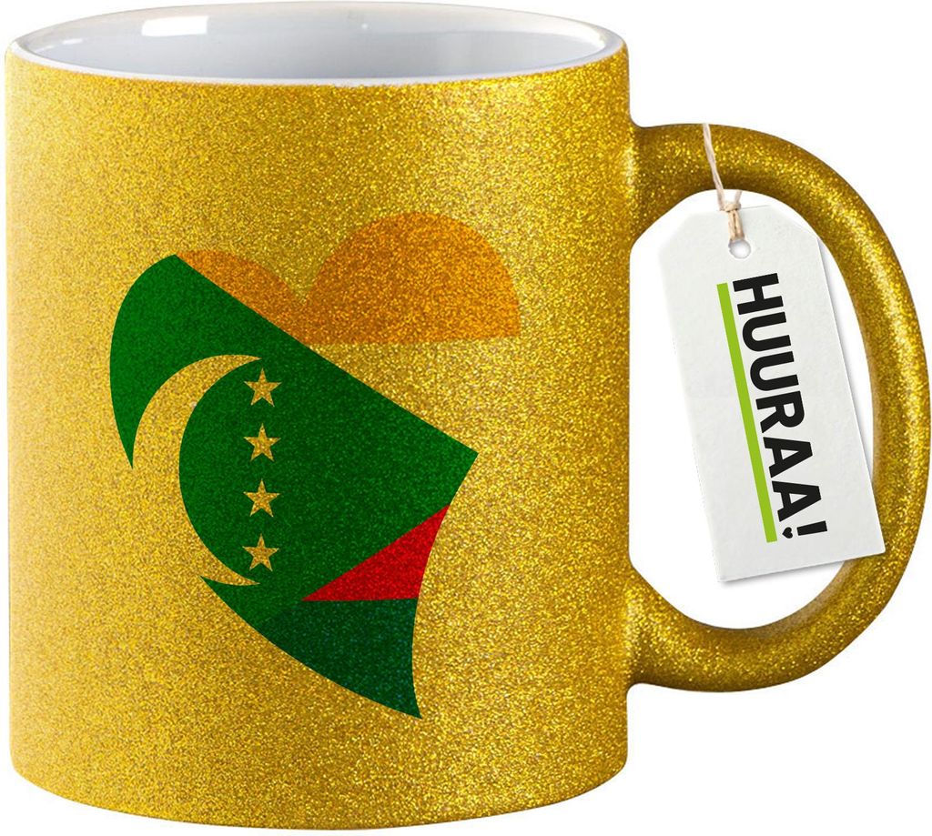 Huuraa Glitzertasse Komoren Flagge Herz 330ml Gold Keramik Kaffeebecher Geschenkidee