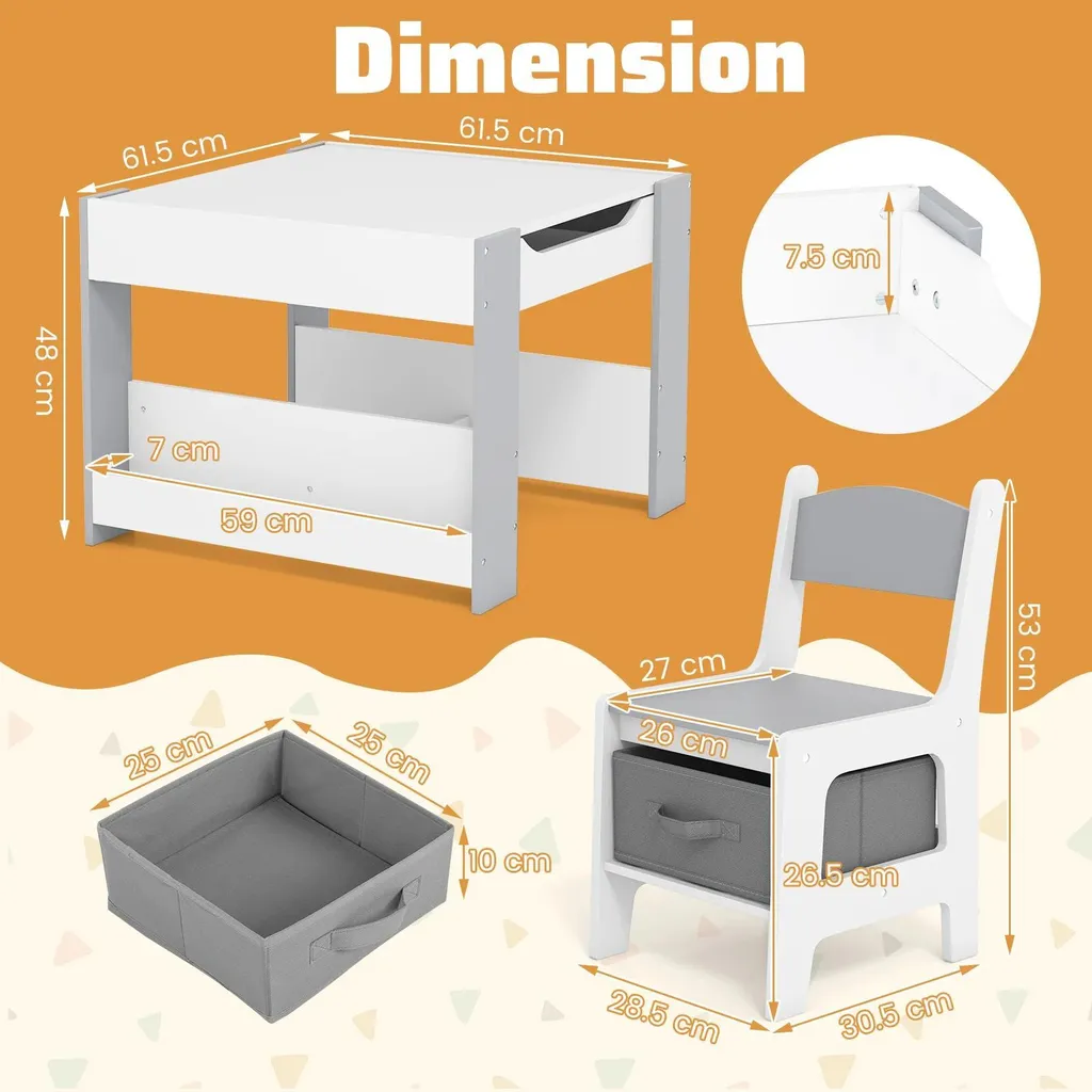 Table pour enfants avec 2 chaises en bois gris clair ensemble 3 pièces - 3