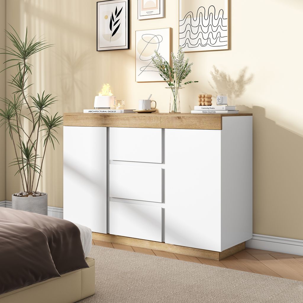okwish Kommode Sideboard mit viel Stauraum, Schrank mit 3 Schubladen und 2 Türen, Schubladenschrank Anrichte für Wohnzimmer, 120,5x40.2x82,5cm