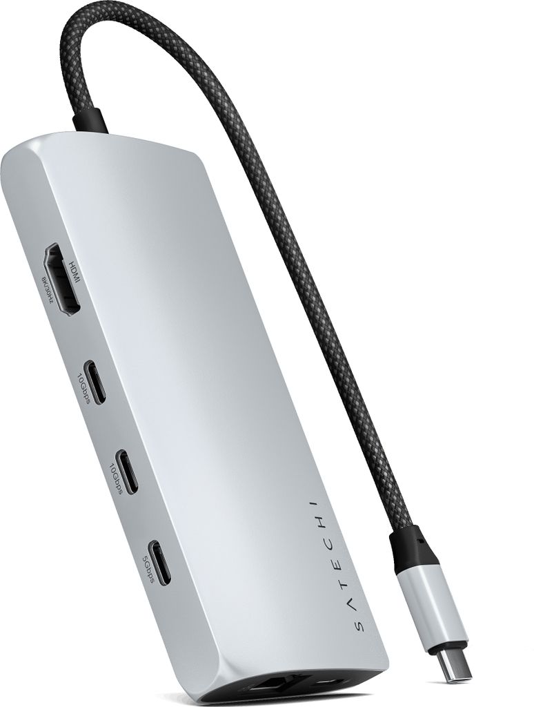 A silver Satechi USB-C multi-port adapter is shown at an angle against a white background.