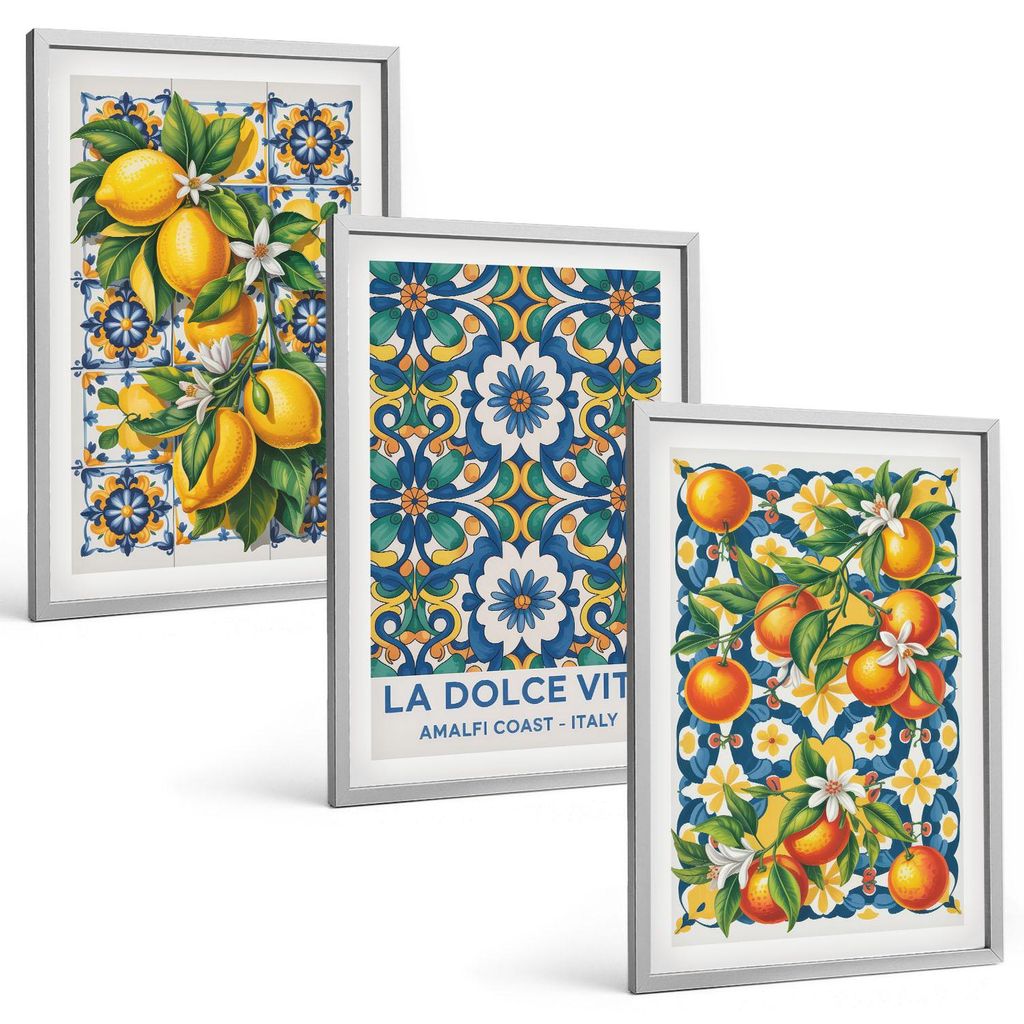 Bilder Set 3-teilig im silbergerahmten Rahmen – Wandbilder 3 Stück – gerahmte Poster für Wohnzimmer, Schlafzimmer und Flur – 40x60 cm – Z...