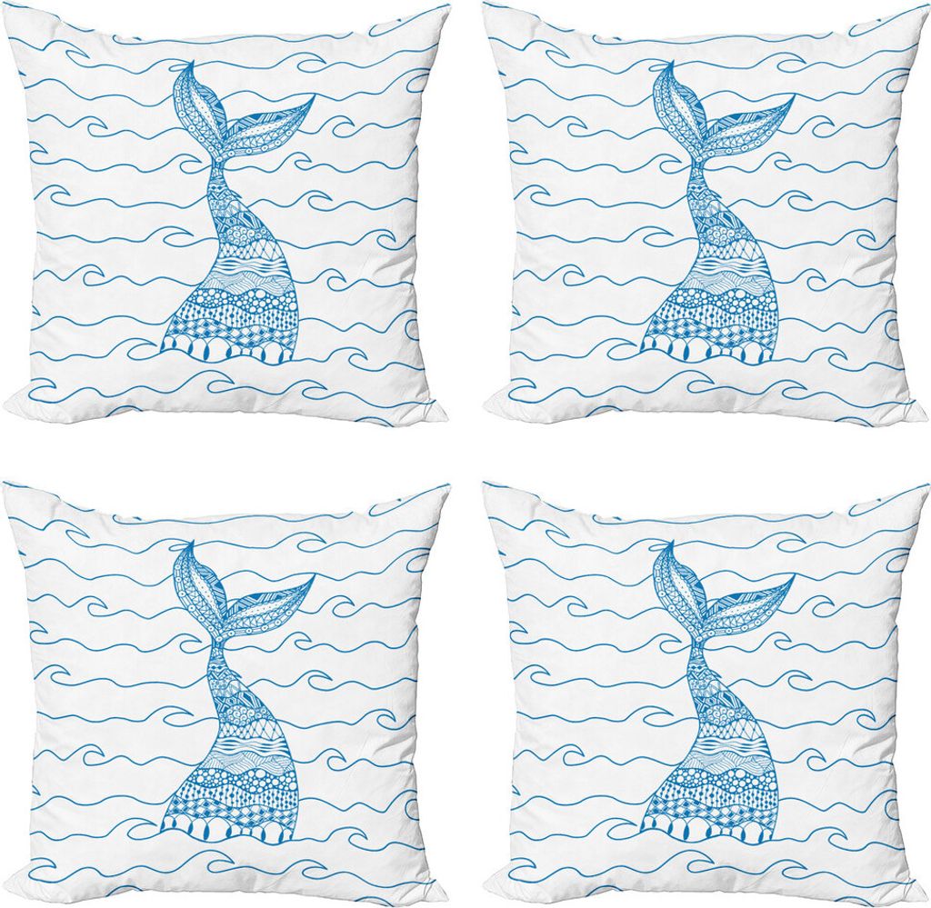 ABAKUHAUS Wale Kissenbezug Set (4 Stück), Zentengle Fish Tail on Waves, Moderner Doppelseitiger Digitaldruck, 40 cm x 40 cm, Sea-Blau und Weiß