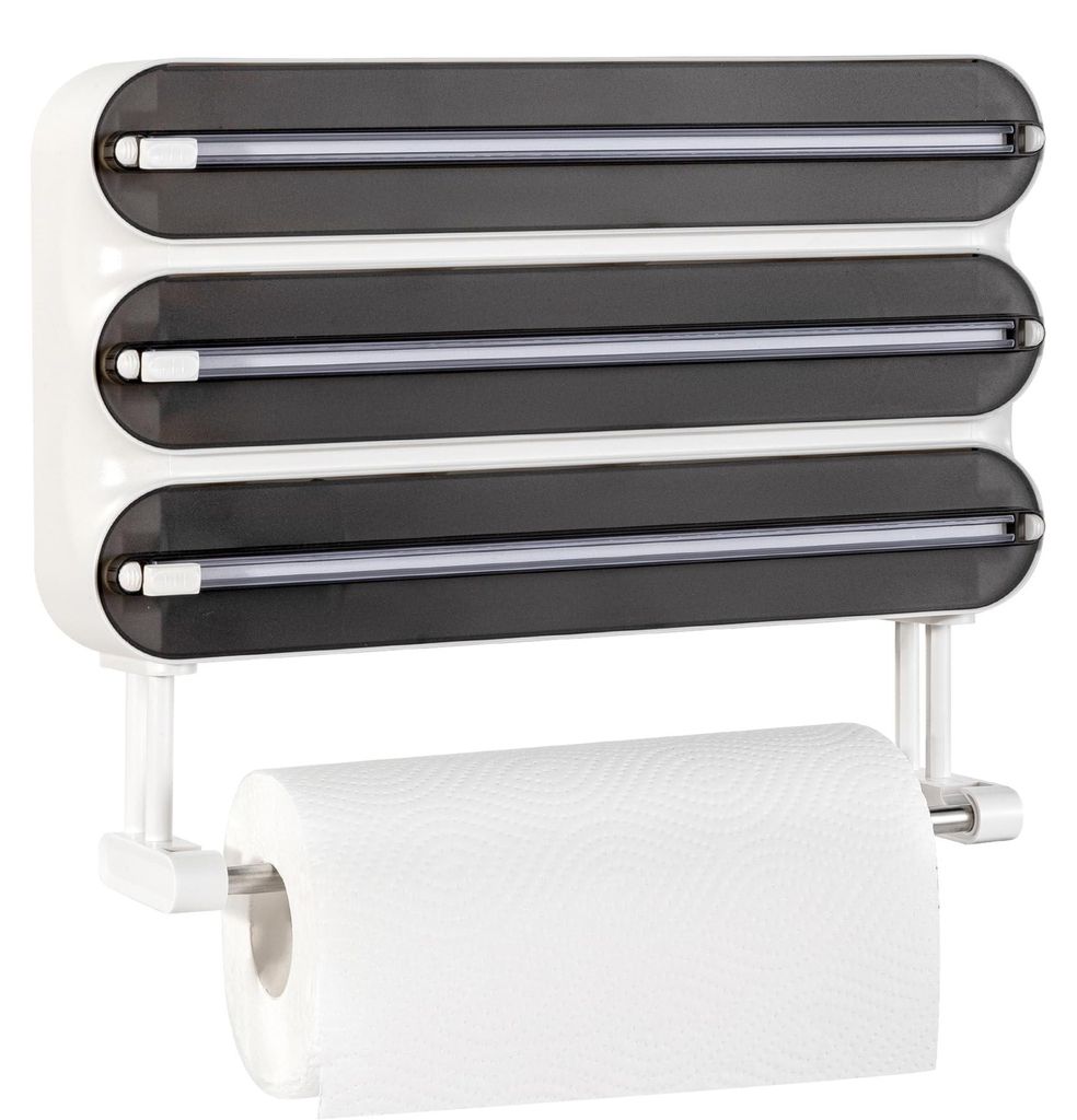 4-in-1-Spender für Frischhaltefolie mit Papierhandtuchhalter – Platzsparende Wandmontage, magnetisch und ohne Bohren montierbar, Folienschneider...