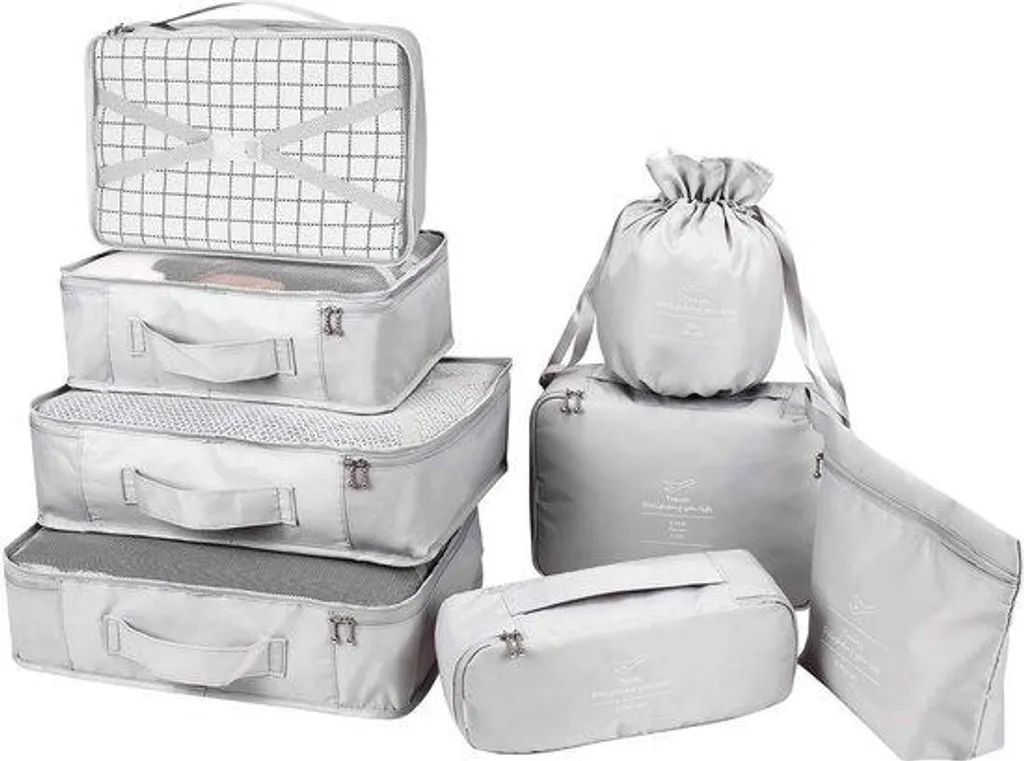 Lot de 8 organiseurs de bagages imperméables gris pour valise de voyage