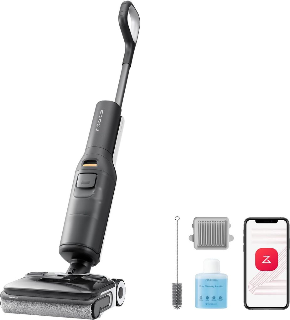 A cordless wet and dry vacuum cleaner with accessories and a smartphone displayed against a white background.