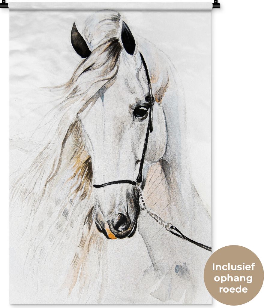MuchoWow Wandteppich Wandbehang Pferd - Aquarell - Tiere - Weiß 90x135 cm Tapisserie Dekoration Wandtuch - Baumwolle - Wandskulptur