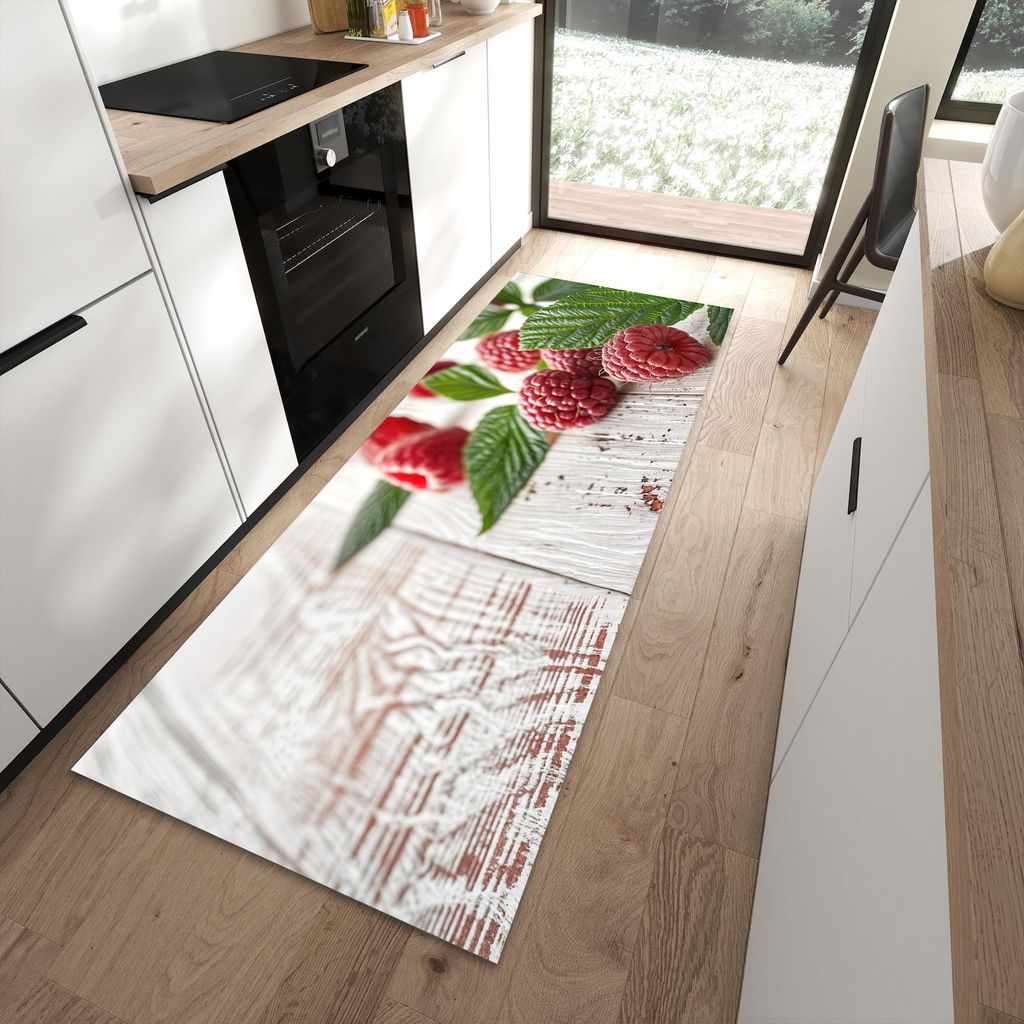 Küchenteppich 90x240cm rutschfest & abwischbar PVC Läufer - Himbeeren Holztisch