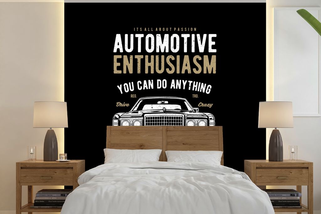 MuchoWow Fototapete für Wohnzimmer oder Schlafzimmer Wandtapete Vinyl Motivtapete Mancave - Auto - Zitate - Oldtimer - 240x240 cm - Schlafzimmer...