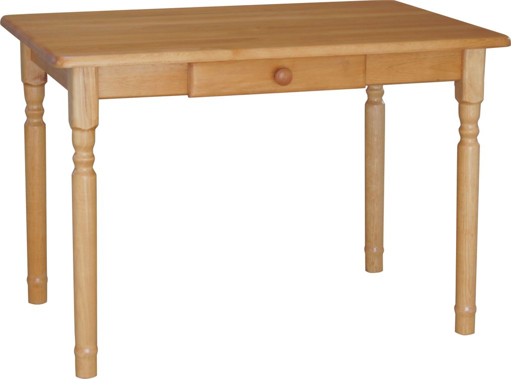 A light brown wooden table with a single drawer and a round wooden knob, shown from the front on a white background.