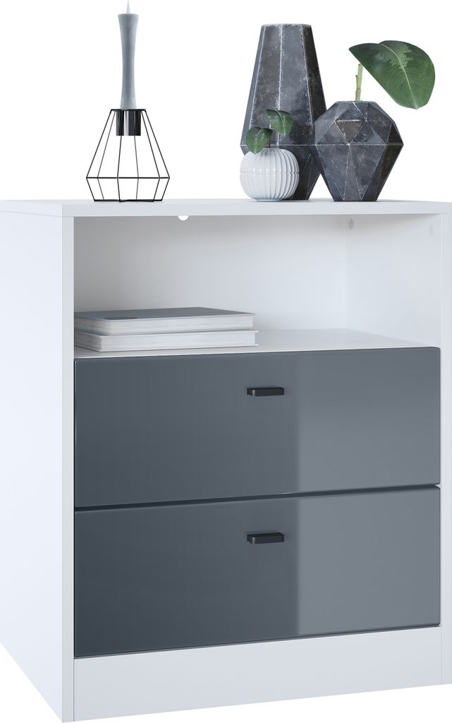 Vladon Kommode Pino V1, Germany, Nachttisch mit 2 Schubladen & 1 offenem Fach, Weiß matt/Grau Hochglanz ohne LED (56 x 67,5 x 36 cm)