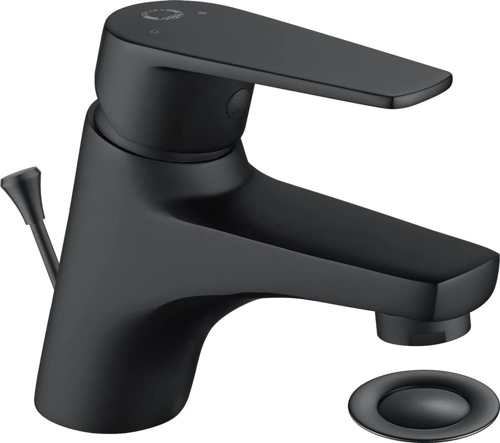 A black faucet and drain assembly on a white background.