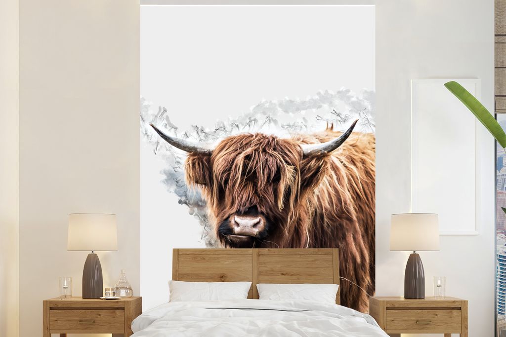 MuchoWow Fototapete für Wohnzimmer oder Schlafzimmer Wandtapete Vinyl Motivtapete Schottischer Highlander - Kuh - Weiß - 160x240 cm - Vinyltapete