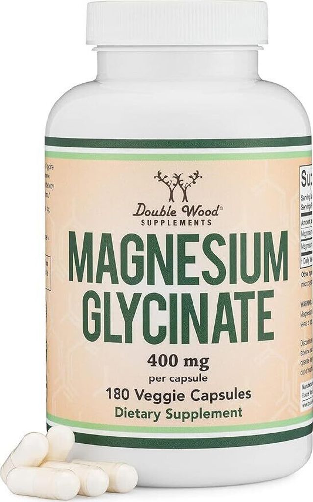 Double Wood Magnesium Bisglycinat | 180 Vegan Kapseln | 400 mg pro Kapsel | Glycinat | Nahrungsergänzungsmittel | Magnesium Kapseln