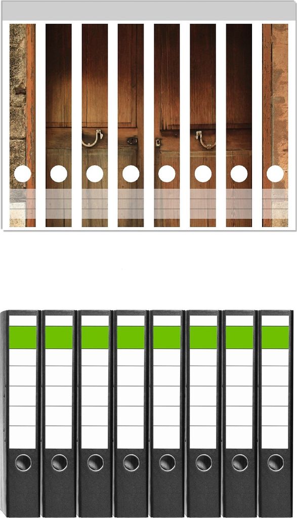 Wallario 8 Stück schmale Ordner inkl. Klebeetiketten mit Motive Holztür natur - Set mit Rückenschildern / Ordnerrücken Stickern