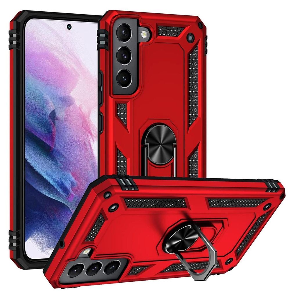 Conie Outdoor Schutzhülle für Samsung Galaxy S22 Tasche Silikon Hard Case Cover Hülle mit Halter Ständer in Rot
