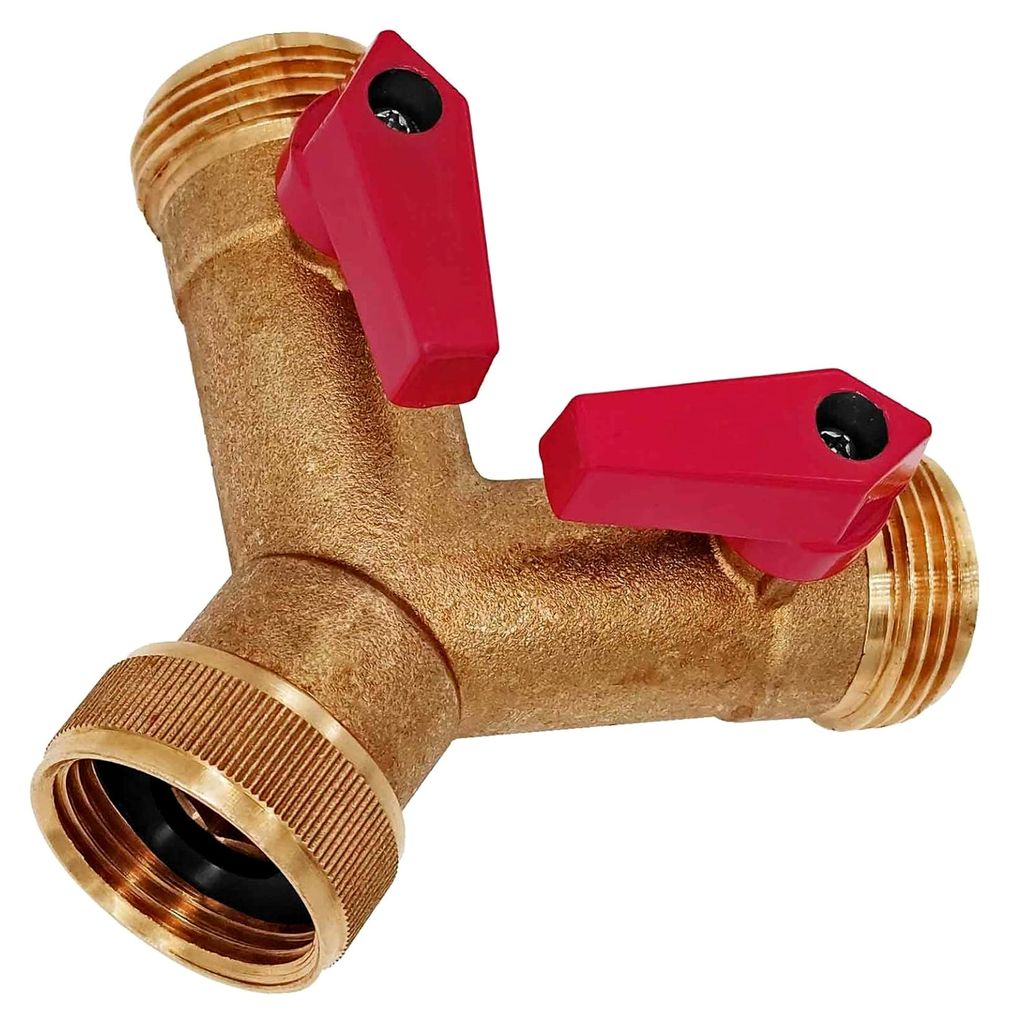 Y-Stück Schlauchverteiler mit Absperrkugelhähnen aus Messing, 1" Rohr Zoll Innengewinde und 2x Außengewinde, 2-Wege-Gabelstück