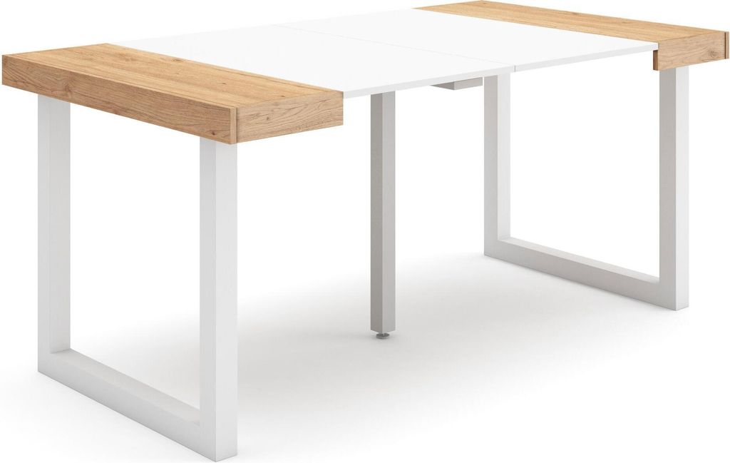 Ausziehbarertisch, 160x90x73cm, Für 8 Gäste, Massivholz Beine, Eiche und weiß