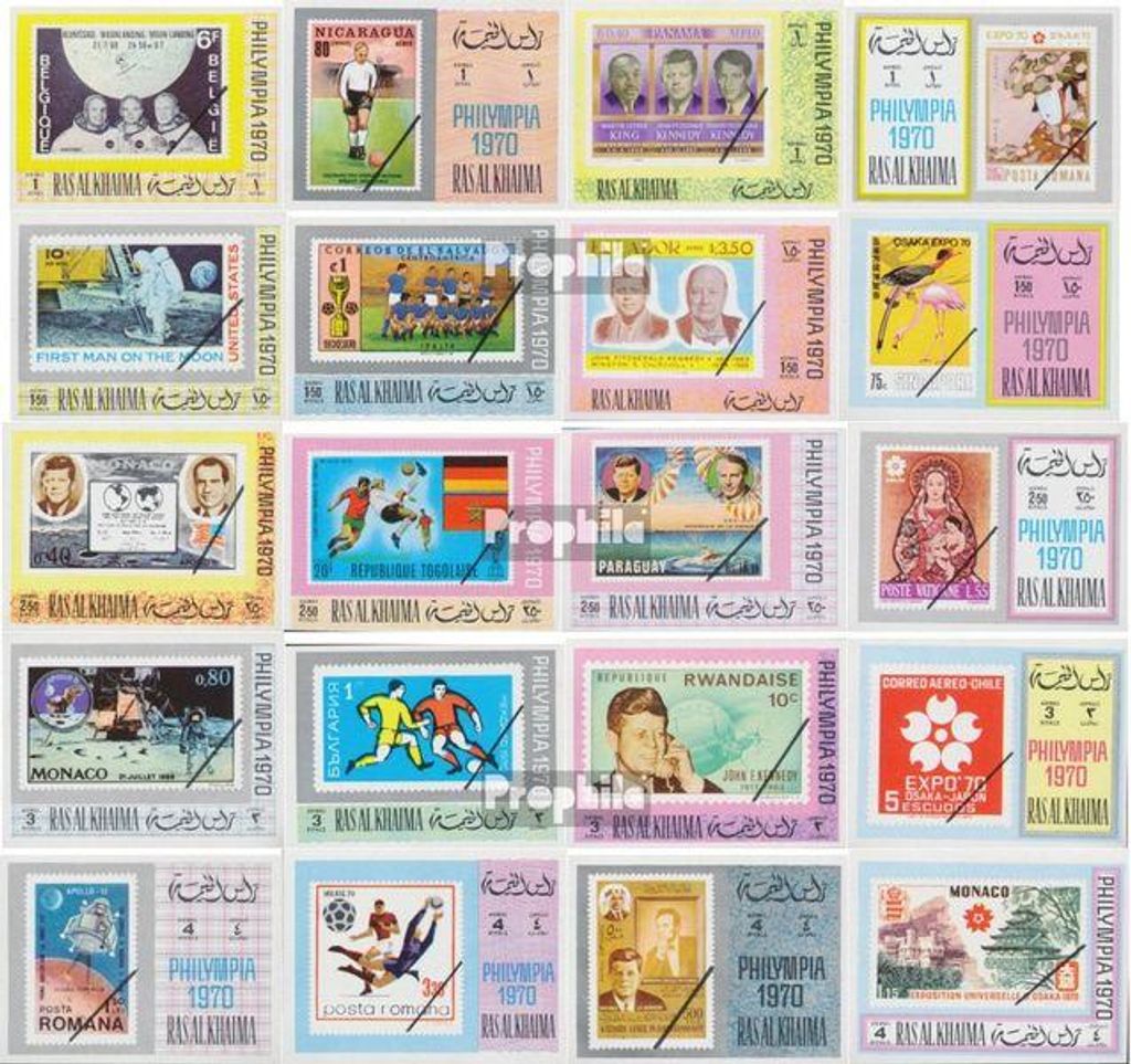 Briefmarken Ras al Chaima 1970 Mi 471B-490B (kompl.Ausg.) ungezähnt postfrisch Marke auf Marke