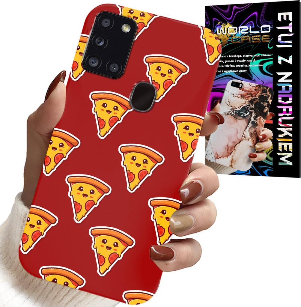 ETUI FÜR SAMSUNG GALAXY A21s - Fröhliches Pizzamuster auf ROTEM HINTERGRUND