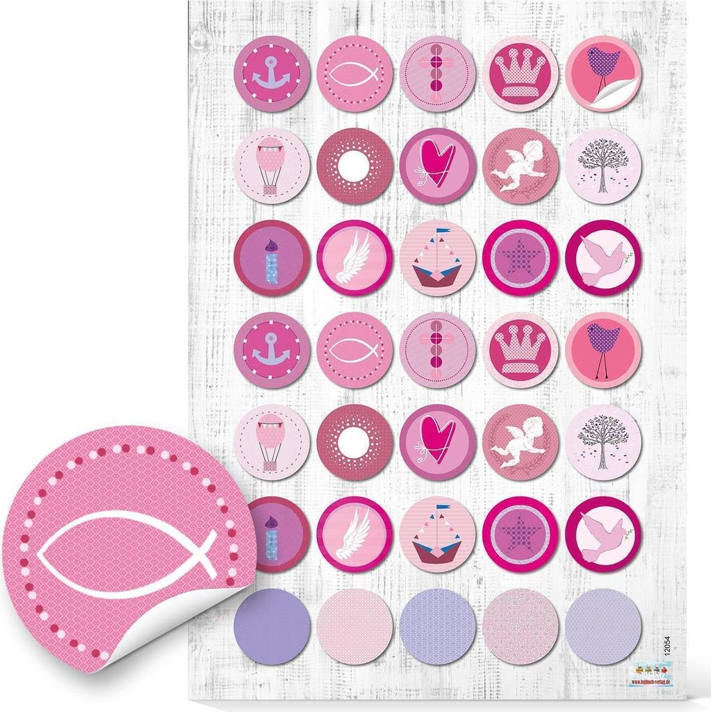 4 x 35 Stück runde 3 cm rosa rose pink farbene KINDER KOMMUNION TAUFE Aufkleber zur Verpackung mit Fische Anker Segelboot Schiff Engel Krone Kreuz...