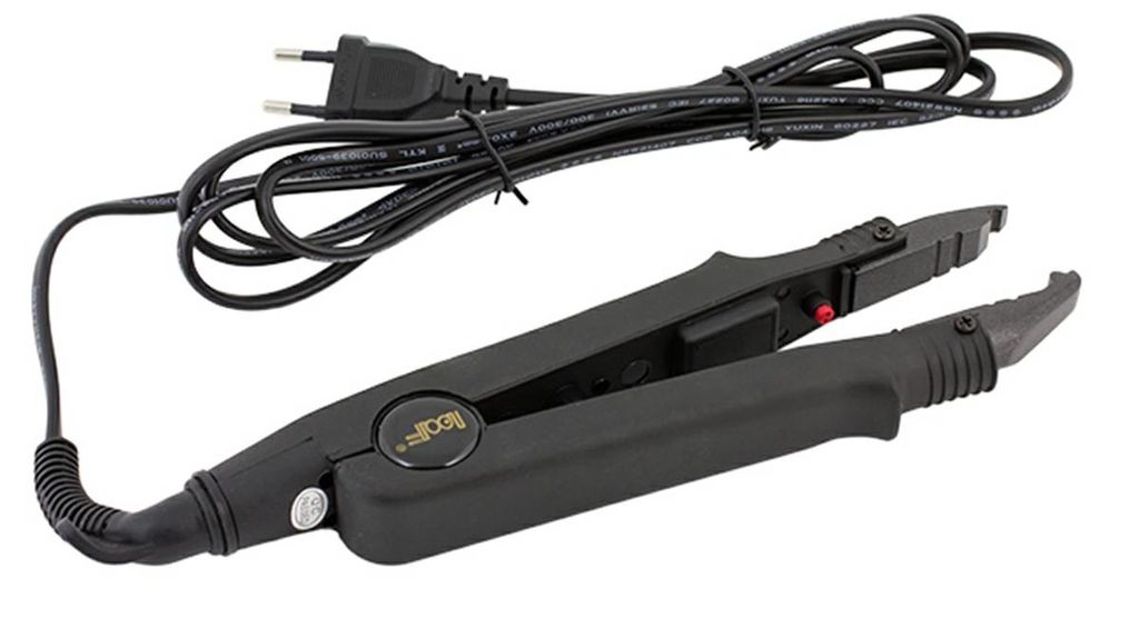 A black hair extension fusion iron with its power cord and plug is shown against a white background.