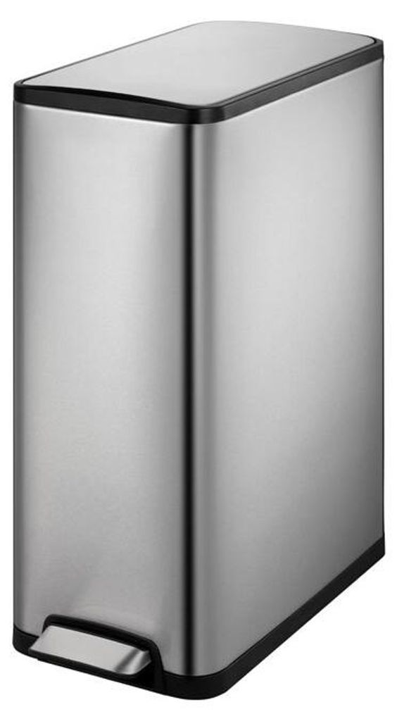 A stainless steel trash can with a pedal.