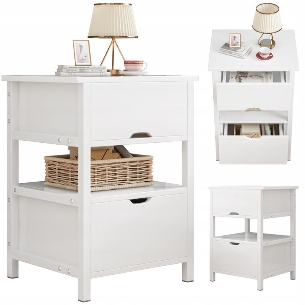Weißer Nachttisch mit 2 Schubladen Scandinavian Loft Schlaftisch 45 cm