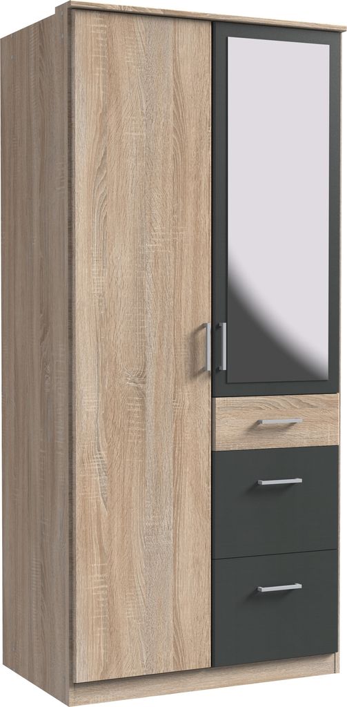 Kleiderschrank "Click" aus Spanplatte in Eiche-Sägerau-Nachbildung mit 3 Schubladen und 2 Türen. Abmessungen (B/H/T) 90x198x58 cm